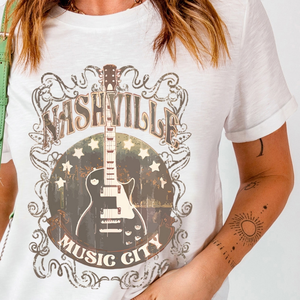 Nashville Music City Rustic Shirt Retro Guitar Tennessee Short Sleeve Top